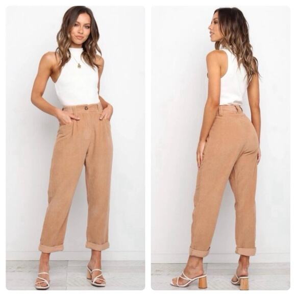 Petal & Pup Women's Tan Talaren Cuffed Corduroy Pleated High Rise Pants Size 12 - Picture 2 of 8